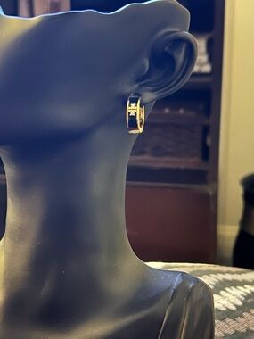 Tory Burch Black & Gold Logo Huggie Earrings